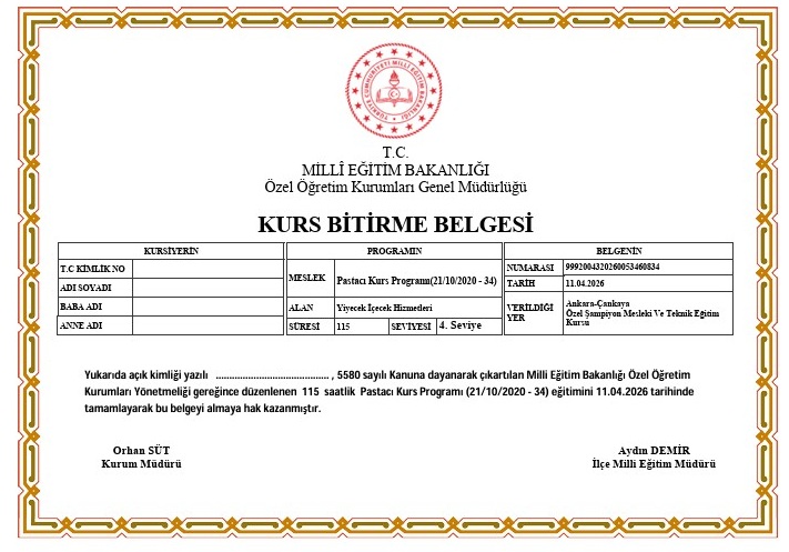 MEB Onaylı Pastacılık 4. Seviye Belgesi